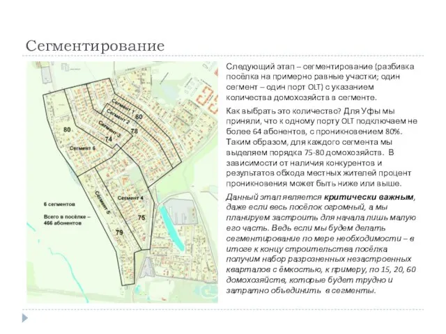 Сегментирование Следующий этап – сегментирование (разбивка посёлка на примерно равные участки;