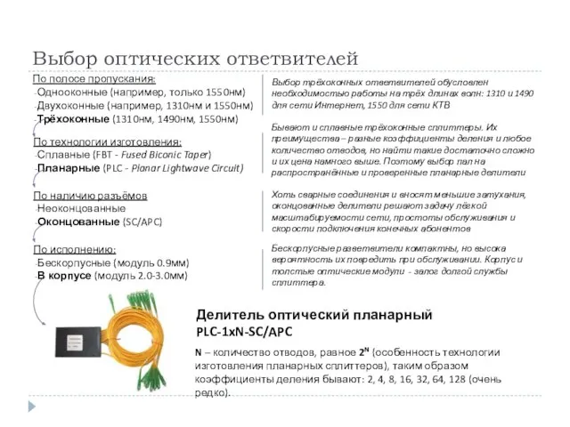 Выбор оптических ответвителей По полосе пропускания: Однооконные (например, только 1550нм) Двухоконные