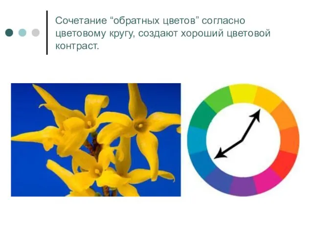 Сочетание “обратных цветов” согласно цветовому кругу, создают хороший цветовой контраст.