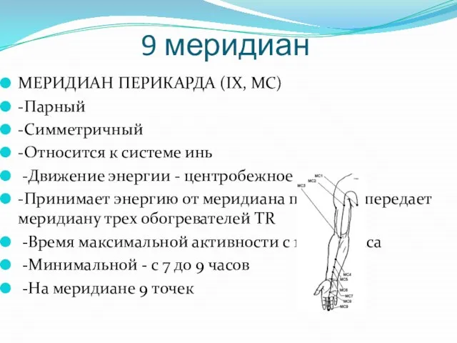 9 меридиан МЕРИДИАН ПЕРИКАРДА (IX, МС) -Парный -Симметричный -Относится к системе