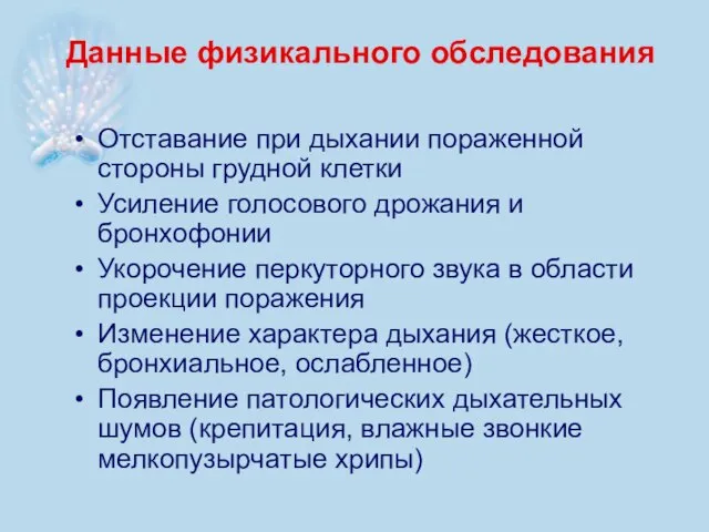 Данные физикального обследования Отставание при дыхании пораженной стороны грудной клетки Усиление