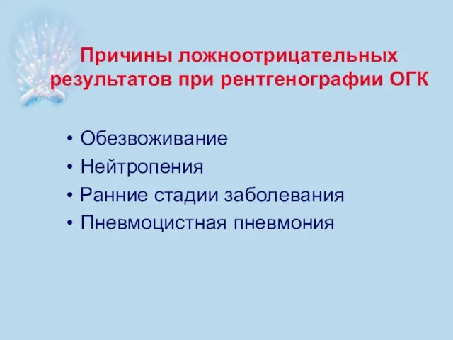 Причины ложноотрицательных результатов при рентгенографии ОГК Обезвоживание Нейтропения Ранние стадии заболевания Пневмоцистная пневмония