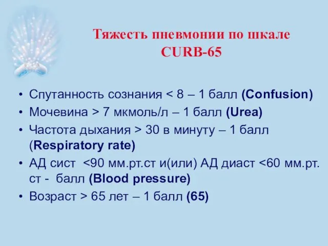 Тяжесть пневмонии по шкале CURB-65 Спутанность сознания Мочевина > 7 мкмоль/л