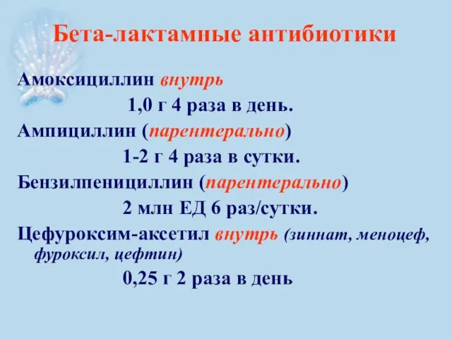 Бета-лактамные антибиотики Амоксициллин внутрь 1,0 г 4 раза в день. Ампициллин