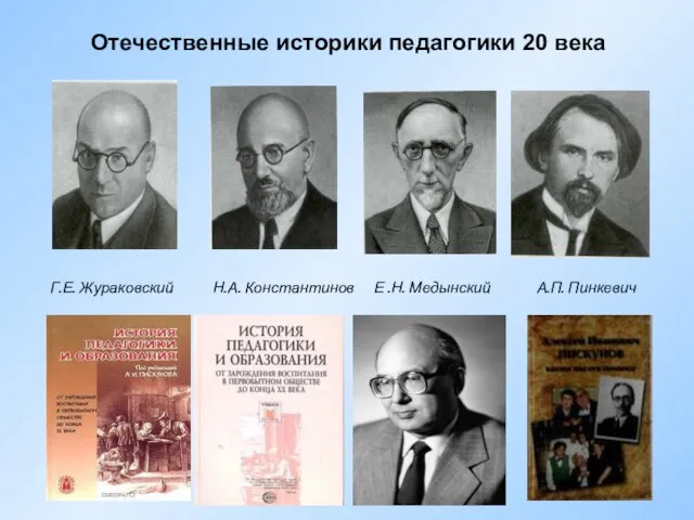 Г.Е. Жураковский Н.А. Константинов Е .Н. Медынский А.П. Пинкевич Отечественные историки педагогики 20 века