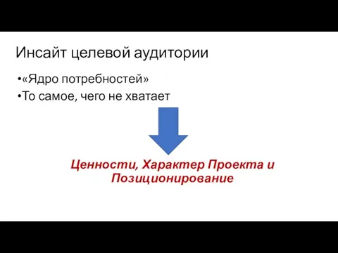 Инсайт целевой аудитории «Ядро потребностей» То самое, чего не хватает Ценности, Характер Проекта и Позиционирование