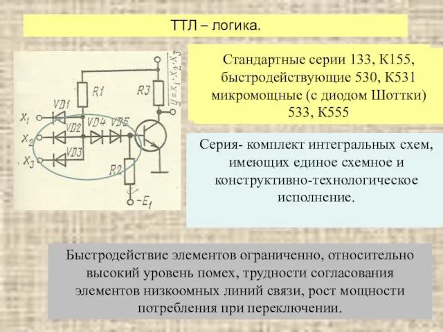 ТТЛ – логика. В транзисторно-транзисторной логике матрица диодов заменяется интегральным элементом