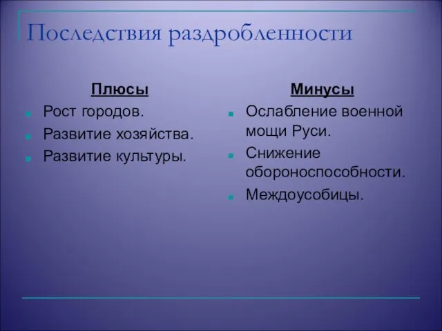 Последствия раздробленности Плюсы Рост городов. Развитие хозяйства. Развитие культуры. Минусы Ослабление