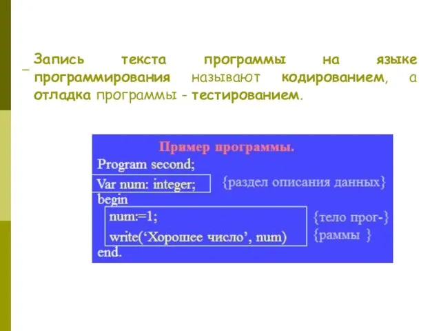 Запись текста программы на языке программирования называют кодированием, а отладка программы - тестированием.