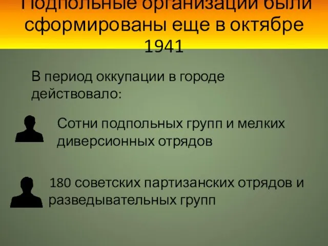 В период оккупации в городе действовало: 180 советских партизанских отрядов и