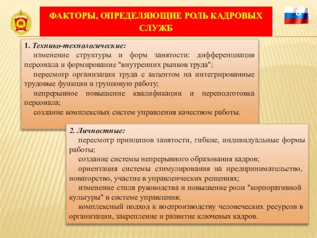 ФАКТОРЫ, ОПРЕДЕЛЯЮЩИЕ РОЛЬ КАДРОВЫХ СЛУЖБ 8 1. Технико-технологические: изменение структуры и