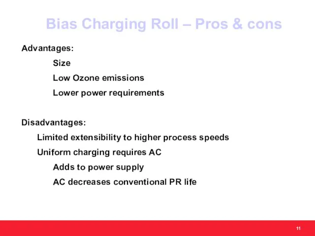 Bias Charging Roll – Pros & cons Advantages: Size Low Ozone