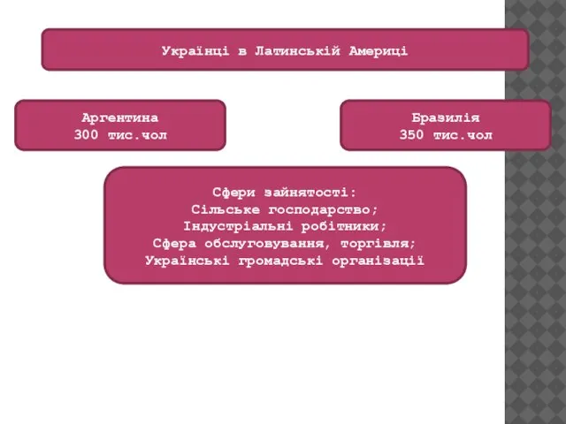 Українці в Латинській Америці Аргентина 300 тис.чол Бразилія 350 тис.чол Сфери