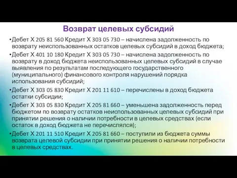 Возврат целевых субсидий Дебет Х 205 81 560 Кредит Х 303