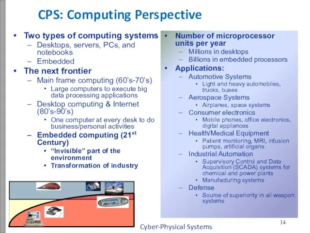 CPS: Computing Perspective Two types of computing systems Desktops, servers, PCs,