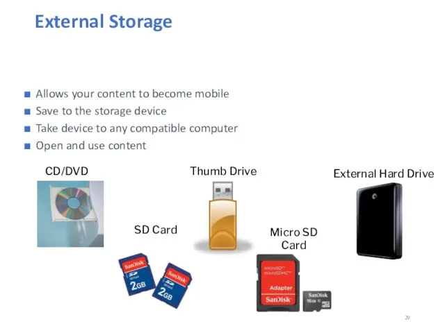External Storage External Hard Drive CD/DVD Thumb Drive SD Card Micro