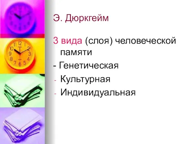 Э. Дюркгейм 3 вида (слоя) человеческой памяти - Генетическая Культурная Индивидуальная