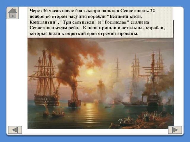 Через 36 часов после боя эскадра пошла в Севастополь. 22 ноября