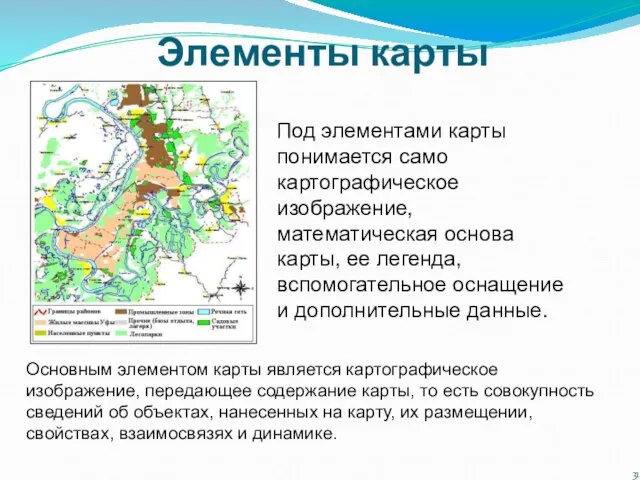 Элементы карты Под элементами карты понимается само картографическое изображение, математическая основа