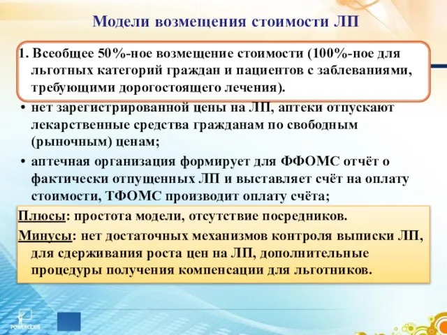 Модели возмещения стоимости ЛП 1. Всеобщее 50%-ное возмещение стоимости (100%-ное для