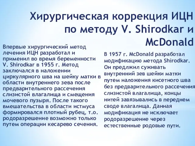 Хирургическая коррекция ИЦН по методу V. Shirodkar и McDonald Впервые хирургический