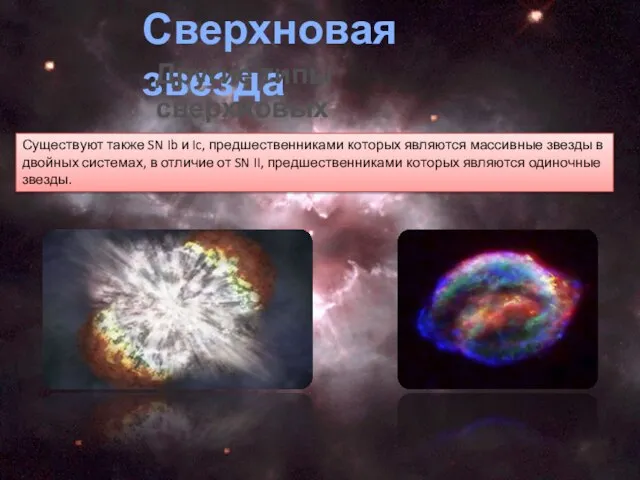 Сверхновая звезда Другие типы сверхновых Существуют также SN Ib и Ic,