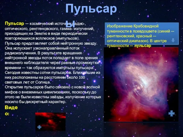 Пульсар — космический источник радио-, оптического, рентгеновского, гамма- излучений, приходящих на