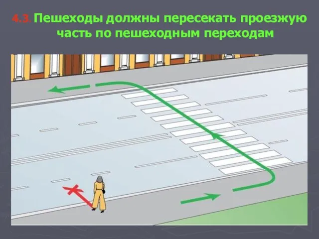 4.3. Пешеходы должны пересекать проезжую часть по пешеходным переходам