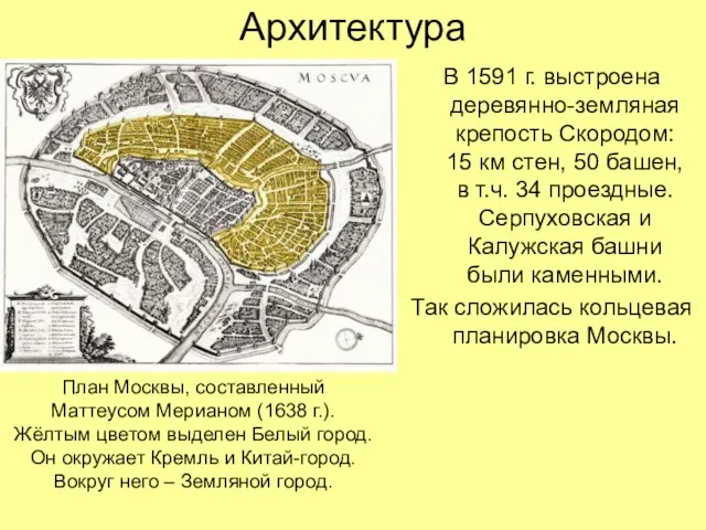 Архитектура В 1591 г. выстроена деревянно-земляная крепость Скородом: 15 км стен,