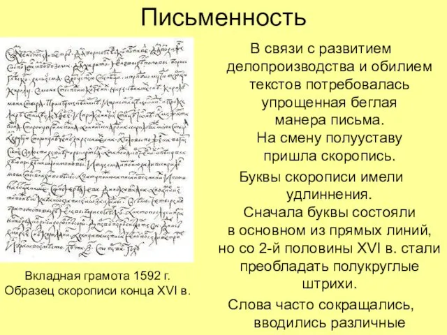 Письменность В связи с развитием делопроизводства и обилием текстов потребовалась упрощенная