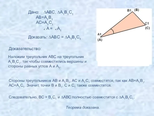 Дано: ∆ABC, ∆A1B1C1 AB=A1B1 AC=A1C1 A = A1 Доказать: ∆ABC =