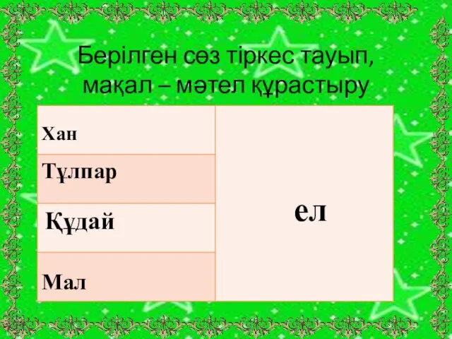 Берілген сөз тіркес тауып, мақал – мәтел құрастыру