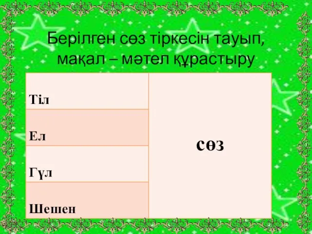 Берілген сөз тіркесін тауып, мақал – мәтел құрастыру