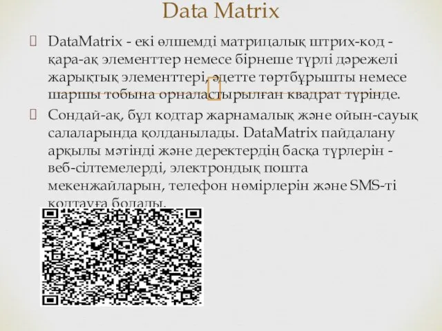 DataMatrix - екі өлшемді матрицалық штрих-код - қара-ақ элементтер немесе бірнеше