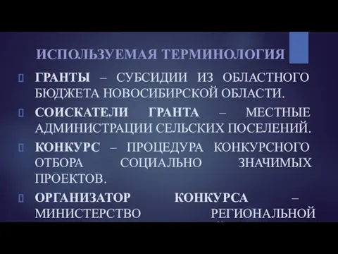 ИСПОЛЬЗУЕМАЯ ТЕРМИНОЛОГИЯ ГРАНТЫ – СУБСИДИИ ИЗ ОБЛАСТНОГО БЮДЖЕТА НОВОСИБИРСКОЙ ОБЛАСТИ. СОИСКАТЕЛИ