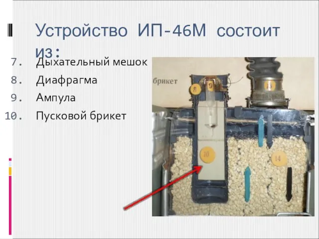 Устройство ИП-46М состоит из: Дыхательный мешок Диафрагма Ампула Пусковой брикет