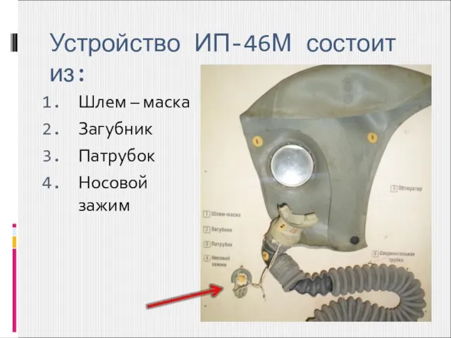 Устройство ИП-46М состоит из: Шлем – маска Загубник Патрубок Носовой зажим