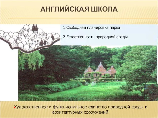 АНГЛИЙСКАЯ ШКОЛА 1.Свободная планировка парка. 2.Естественность природной среды. Художественное и функциональное