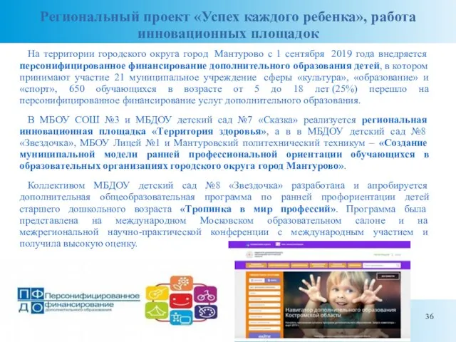 Региональный проект «Успех каждого ребенка», работа инновационных площадок На территории городского