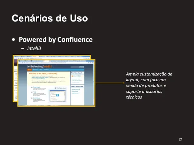 Cenários de Uso Powered by Confluence IntelliJ Ampla customização de layout,