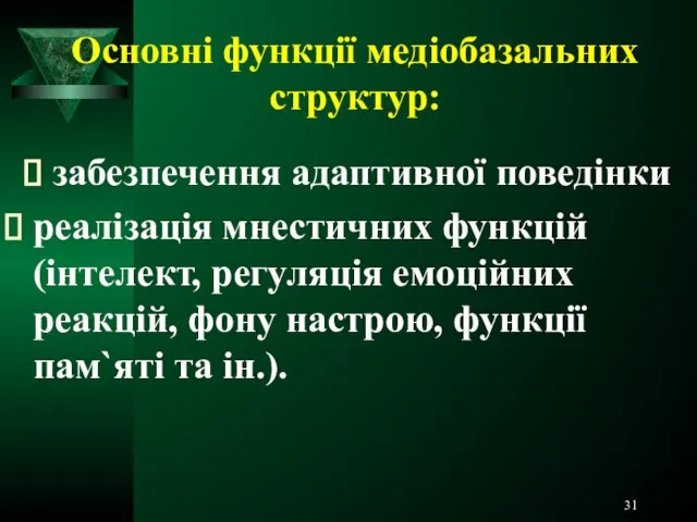 Основні функції медіобазальних структур: забезпечення адаптивної поведінки реалізація мнестичних функцій (інтелект,