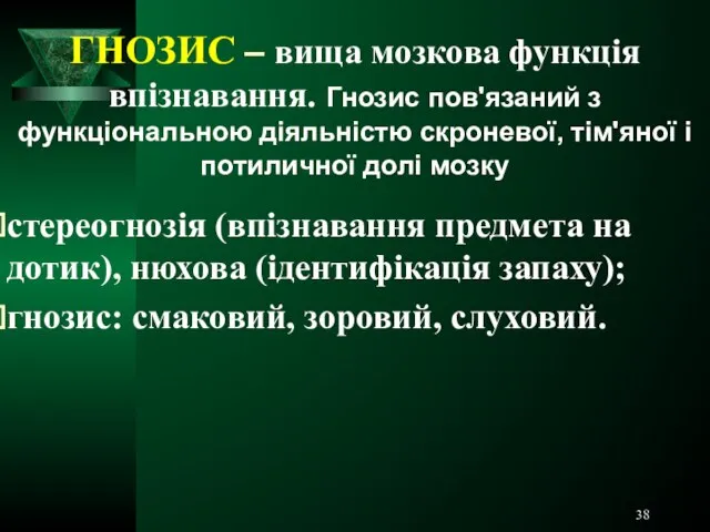 ГНОЗИС – вища мозкова функція впізнавання. Гнозис пов'язаний з функціональною діяльністю