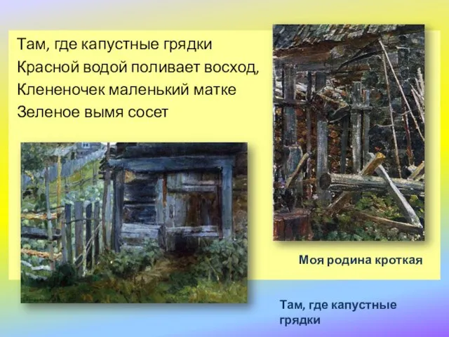 Там, где капустные грядки Красной водой поливает восход, Клененочек маленький матке