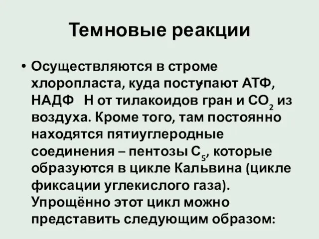 Темновые реакции Осуществляются в строме хлоропласта, куда поступают АТФ, НАДФ Н