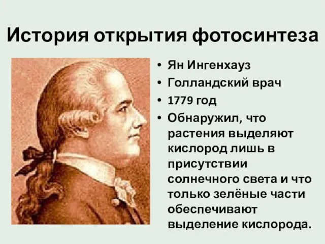 История открытия фотосинтеза Ян Ингенхауз Голландский врач 1779 год Обнаружил, что