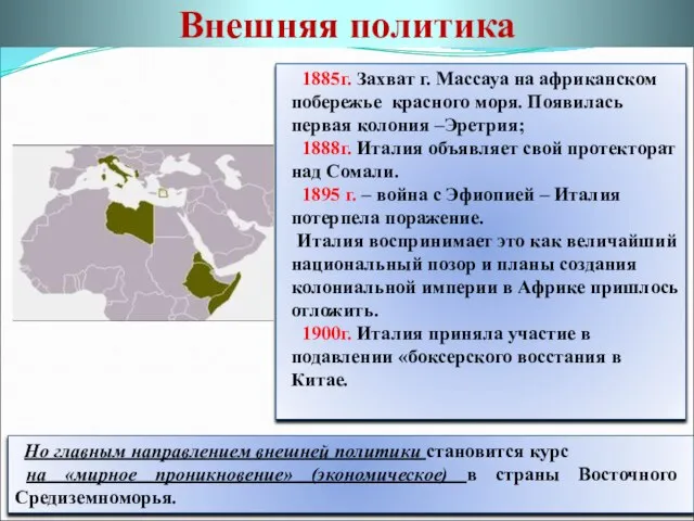 Внешняя политика 1885г. Захват г. Массауа на африканском побережье красного моря.