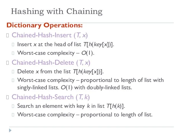 Hashing with Chaining Dictionary Operations: Chained-Hash-Insert (T, x) Insert x at