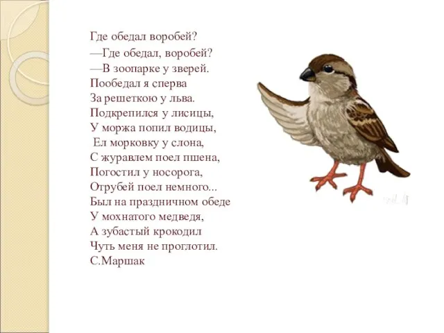 Где обедал воробей? —Где обедал, воробей? —В зоопарке у зверей. Пообедал