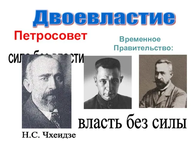 Петросовет Временное Правительство: Двоевластие власть без силы сила без власти Н.С. Чхеидзе