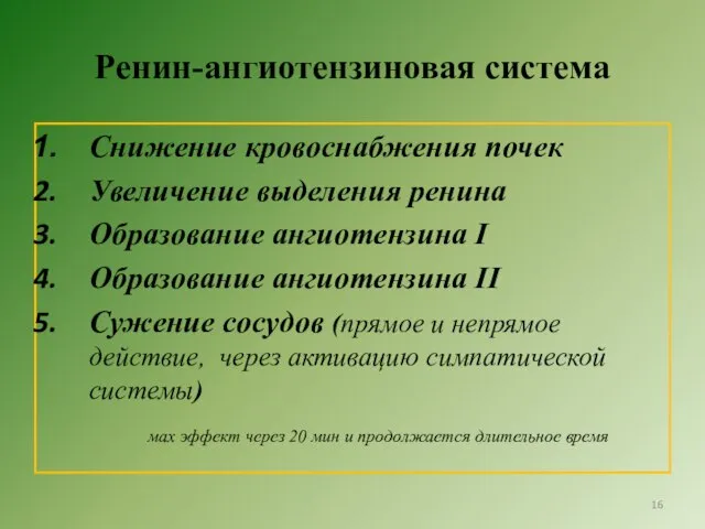 Ренин-ангиотензиновая система Снижение кровоснабжения почек Увеличение выделения ренина Образование ангиотензина I